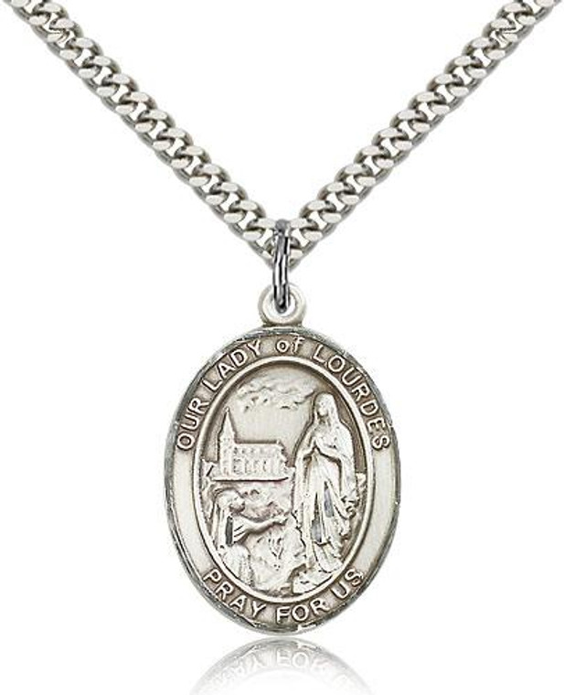 Sterling Silver Our Lady of Lourdes Pendant, Stainless Silver Heavy Curb Chain, Large Size Catholic Medal, 1" x 3/4"