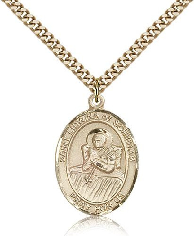 Gold Filled St. Lidwina of Schiedam Pendant, Stainless Gold Heavy Curb Chain, Large Size Catholic Medal, 1" x 3/4"