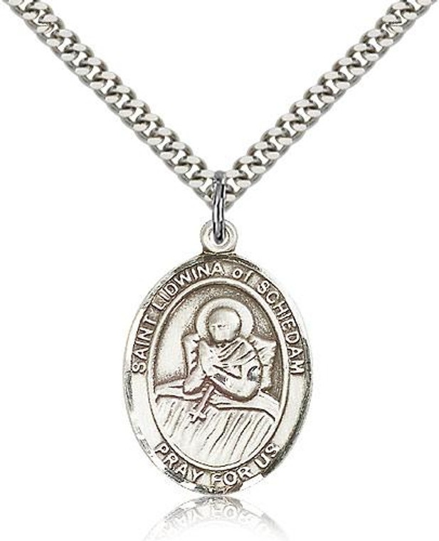 Sterling Silver St. Lidwina of Schiedam Pendant, Stainless Silver Heavy Curb Chain, Large Size Catholic Medal, 1" x 3/4"