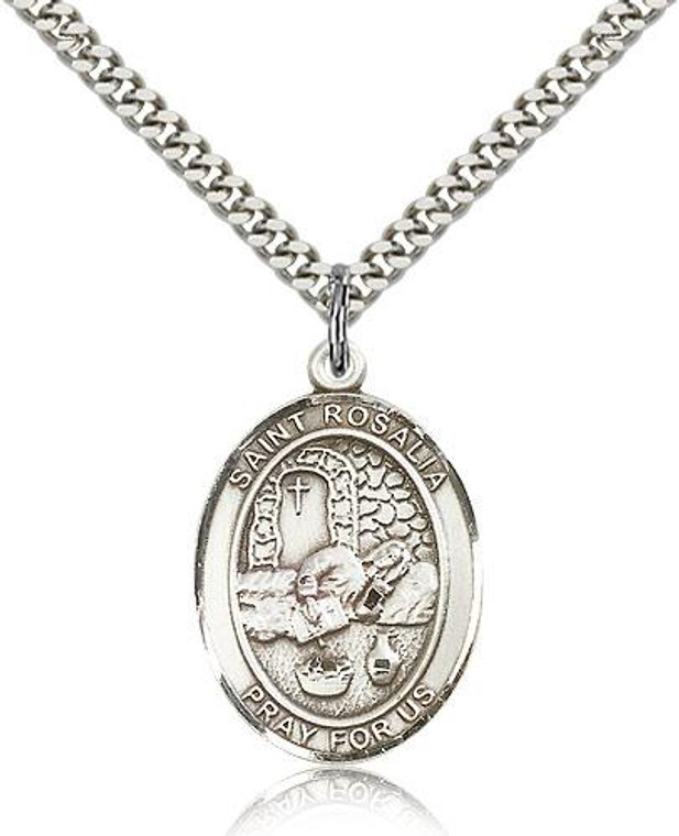 Sterling Silver St. Rosalia Pendant, Stainless Silver Heavy Curb Chain, Large Size Catholic Medal, 1" x 3/4"