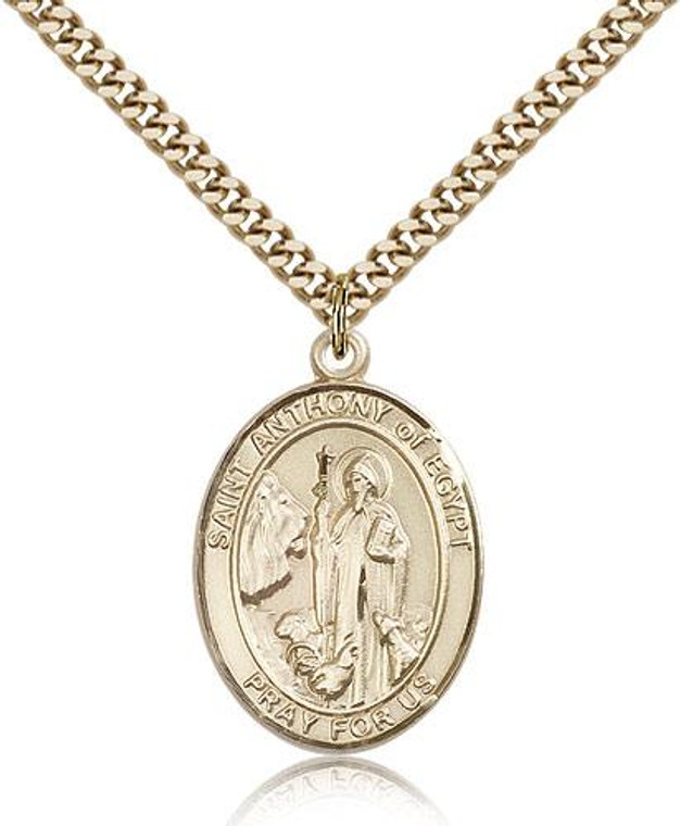 Gold Filled St. Anthony of Egypt Pendant, Stainless Gold Heavy Curb Chain, Large Size Catholic Medal, 1" x 3/4"