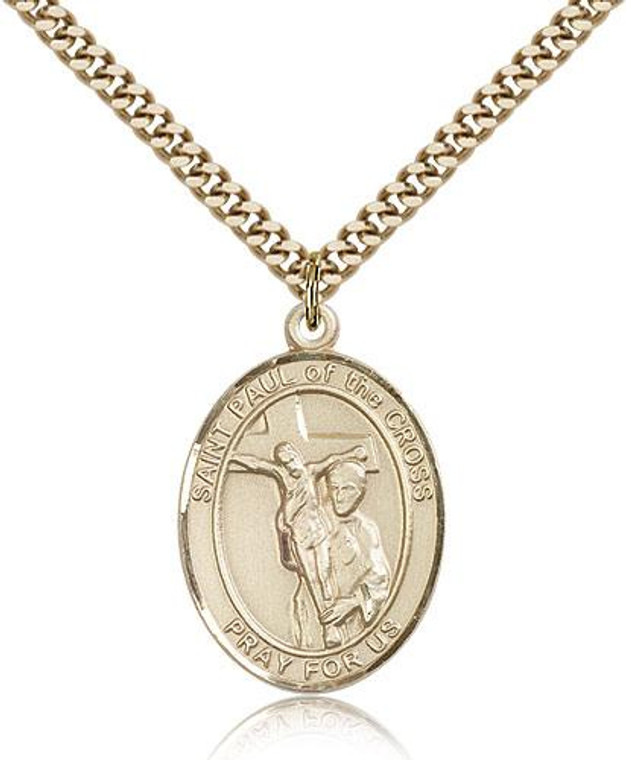 Gold Filled St. Paul of the Cross Pendant, Stainless Gold Heavy Curb Chain, Large Size Catholic Medal, 1" x 3/4"