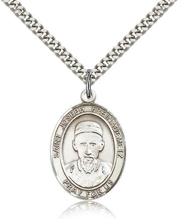 Sterling Silver St. Joseph Pendant, Stainless Silver Heavy Curb Chain, Large Size Catholic Medal, 1" x 3/4"