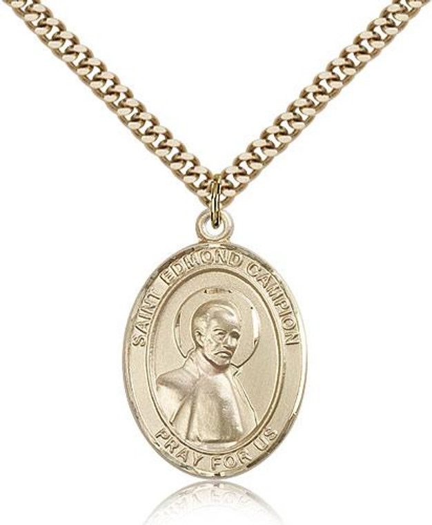 Gold Filled St. Edmund Campion Pendant, Stainless Gold Heavy Curb Chain, Large Size Catholic Medal, 1" x 3/4"