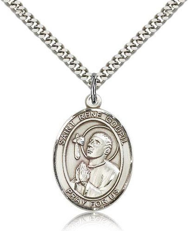 Sterling Silver St. Rene Goupil Pendant, Stainless Silver Heavy Curb Chain, Large Size Catholic Medal, 1" x 3/4"