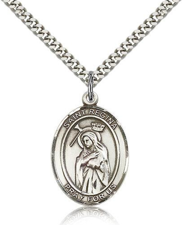 Sterling Silver St. Regina Pendant, Stainless Silver Heavy Curb Chain, Large Size Catholic Medal, 1" x 3/4"