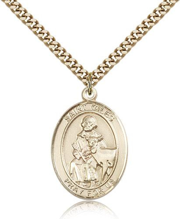 Gold Filled St. Giles Pendant, Stainless Gold Heavy Curb Chain, Large Size Catholic Medal, 1" x 3/4"