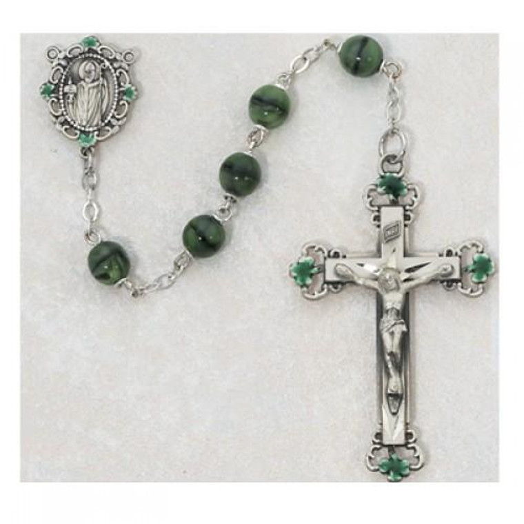 Green Glass Bead Rosary with Saint Patrick Centerpiece 197DF