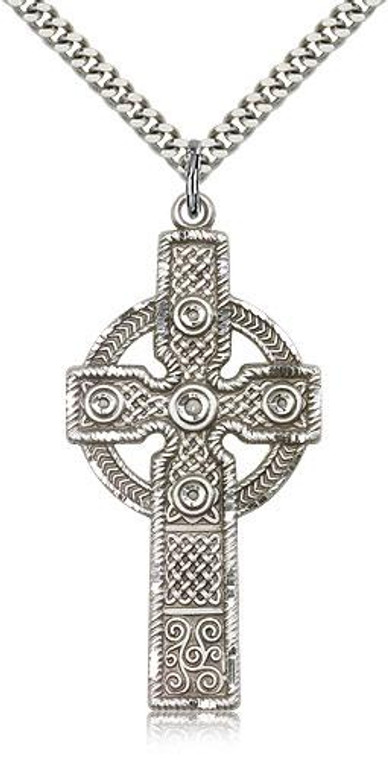 Sterling Silver Cross Pendant, Stainless Silver Heavy Curb Chain, 1 7/8" x 7/8"