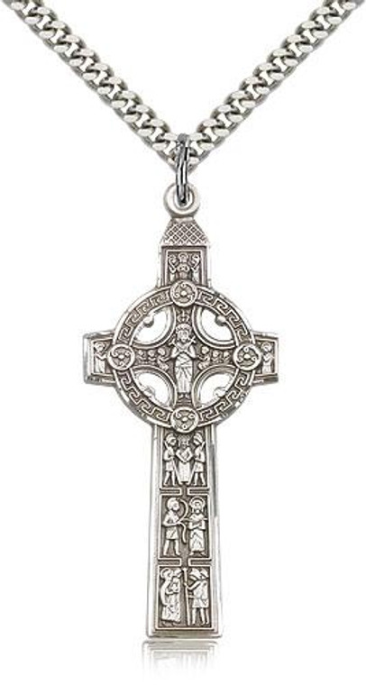 Sterling Silver Scriptures Cross Pendant, Stainless Silver Heavy Curb Chain, 1 3/4" x 3/4"