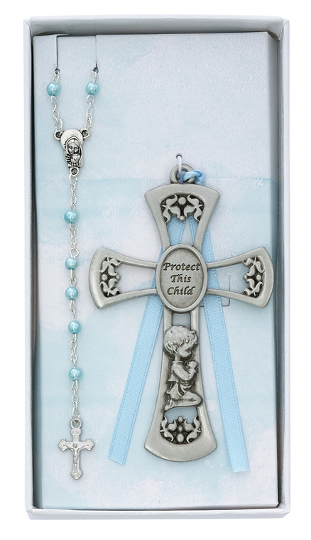 Boy Baptism Pewter Cross and Blue Rosary Set BS11