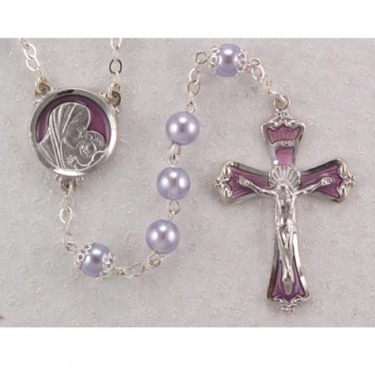 Blessed Mary and Baby Jesus Lavendar Pearl Glass Rosary