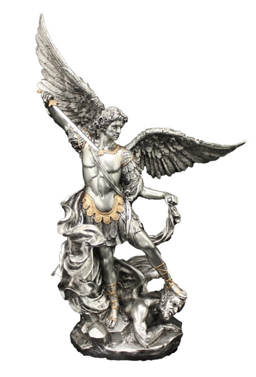 St. Michael Statue Pewter Style with Gold Trim 10inches SR-74997-PE