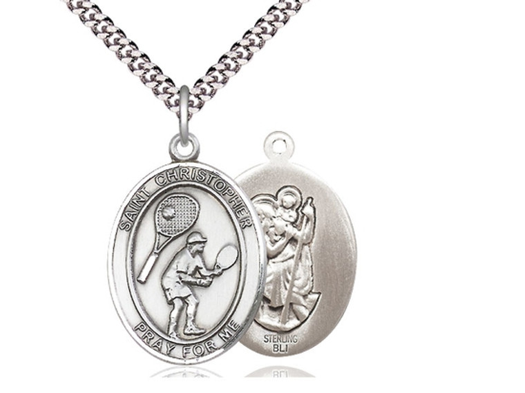 Sterling Silver St. Christopher Tennis Pendant, Stainless Silver Heavy Curb Chain, Large Size Catholic Medal, 1" x 3/4"