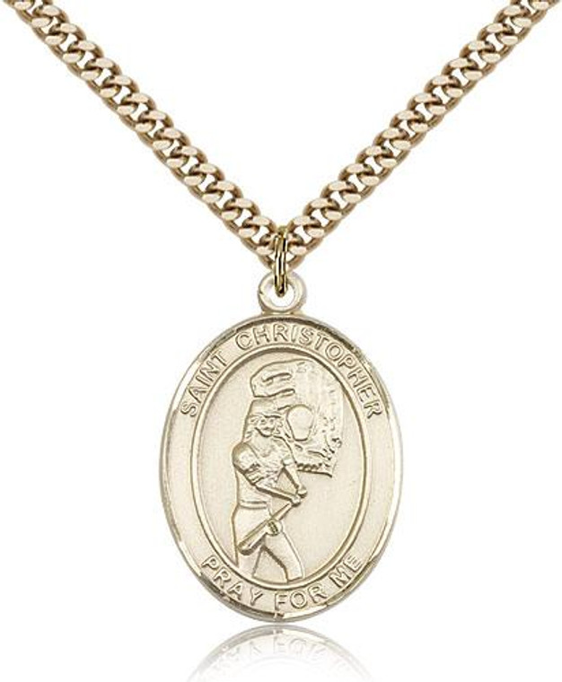 Gold Filled St. Christopher/Softball Pendant, SG Heavy Curb Chain, Large Size Catholic Medal, 1" x 3/4"