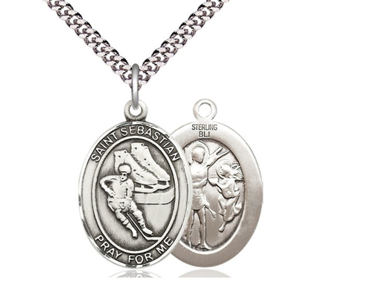 Sterling Silver St. Sebastian Hockey Pendant, rhodium Heavy Curb Chain, Large Size Catholic Medal, 1" x 3/4"