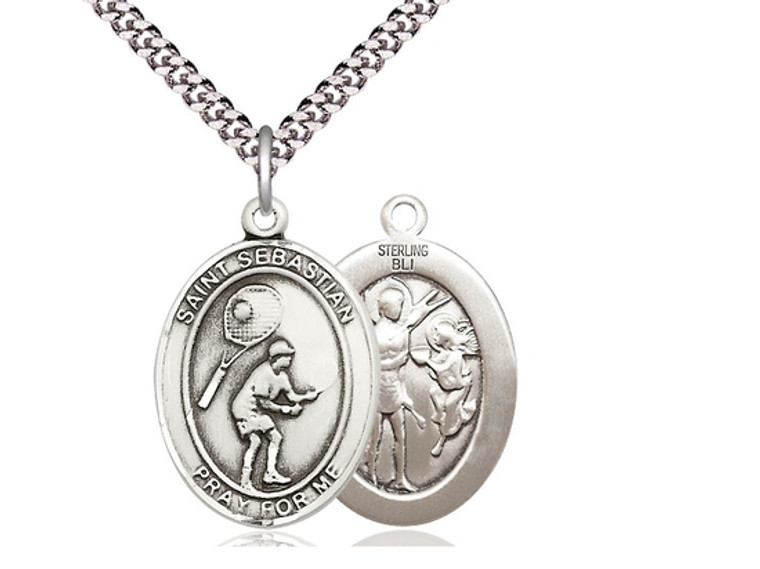 Sterling Silver St. Sebastian  Tennis Pendant, rhodium Heavy Curb Chain, Large Size Catholic Medal, 1" x 3/4"