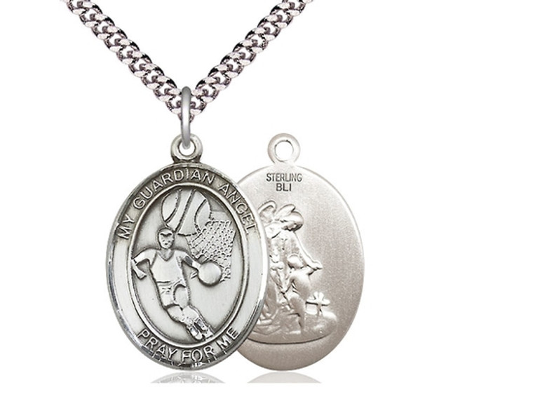 Sterling Silver Guardian Angel Basketball Pendant,  Heavy Curb Chain, Large Size Catholic Medal, 1" x 3/4"