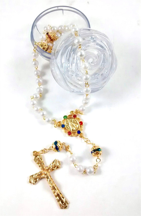 Rosary Imitation Pearl Bead with Clear Rose Case R6102