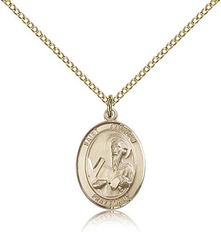 Gold Filled St. Andrew the Apostle Pendant, Gold Filled Lite Curb Chain, Medium Size Catholic Medal, 3/4" x 1/2"