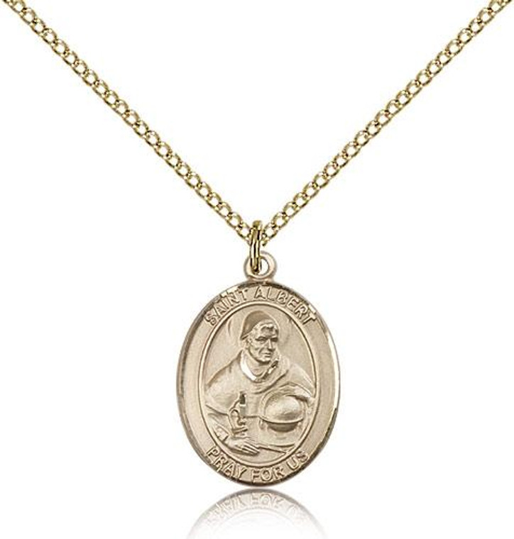 Gold Filled St. Albert the Great Pendant, Gold Filled Lite Curb Chain, Medium Size Catholic Medal, 3/4" x 1/2"