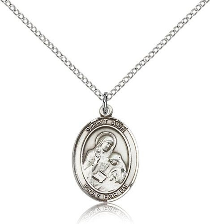 Sterling Silver St. Ann Pendant, Lite Curb Chain, Medium Size Catholic Medal, 3/4" x 1/2"