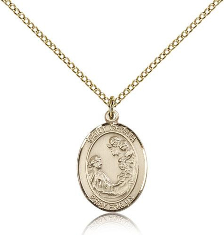 Gold Filled St. Cecilia Pendant, Gold Filled Lite Curb Chain, Medium Size Catholic Medal, 3/4" x 1/2"
