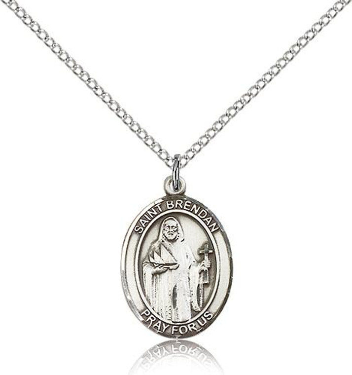 Sterling Silver St. Brendan the Navigator Pendant, Siler Lite Curb Chain, Medium Size Catholic Medal, 3/4" x 1/2"