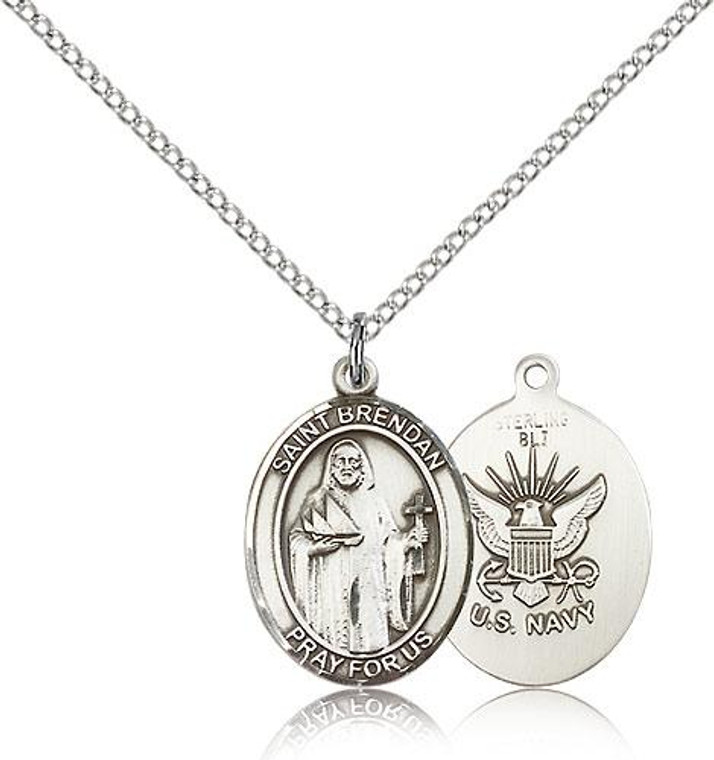 Sterling Silver St. Brendan the Navigator / Navy Pendant, Sterling Silver Lite Curb Chain, Medium Size Catholic Medal, 3/4" x 1/2"