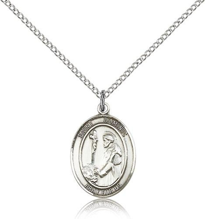 Sterling Silver St. Dominic De Guzman Pendant, Lite Curb Chain, Medium Size Catholic Medal, 3/4" x 1/2"