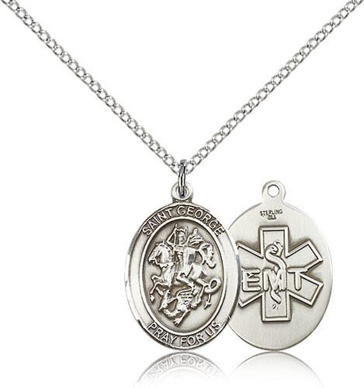 Sterling Silver St. George / Emt Pendant, Sterling Silver Lite Curb Chain, Medium Size Catholic Medal, 3/4" x 1/2"