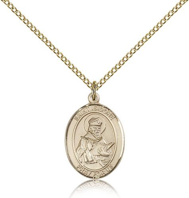 Gold Filled St. Isidore of Seville Pendant, Gold Filled Lite Curb Chain, Medium Size Catholic Medal, 3/4" x 1/2"