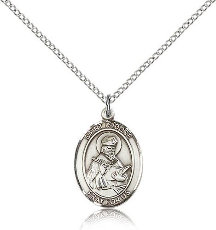 Sterling Silver St. Isidore of Seville Pendant, Lite Curb Chain, Medium Size Catholic Medal, 3/4" x 1/2"