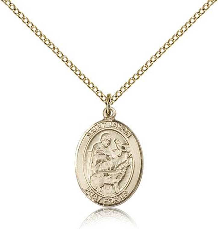 Gold Filled St. Jason Pendant, Gold Filled Lite Curb Chain, Medium Size Catholic Medal, 3/4" x 1/2"