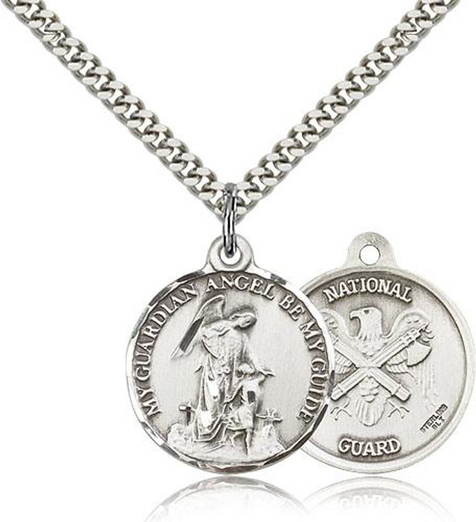 Sterling Silver Guardian Angel  National Guard Pendant, Silver Heavy Curb Chain, 7/8" x 3/4"