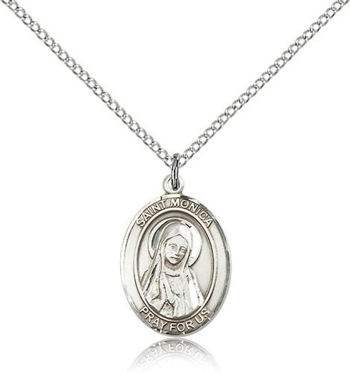 Sterling Silver St. Monica Pendant, Lite Curb Chain, Medium Size Catholic Medal, 3/4" x 1/2"
