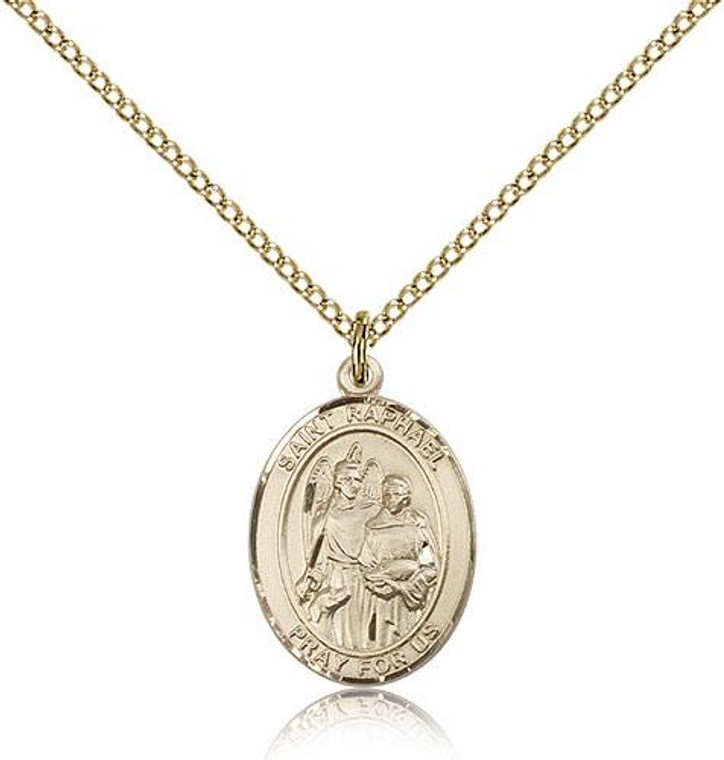 Gold Filled St. Raphael the Archangel Pendant, Gold Filled Lite Curb Chain, Medium Size Catholic Medal, 3/4" x 1/2"