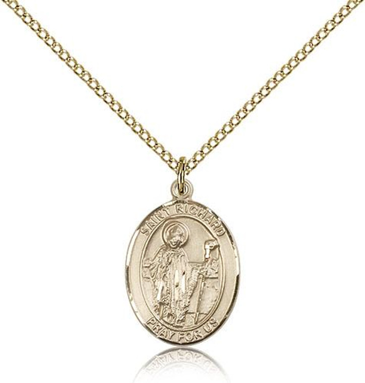 Gold Filled St. Richard Pendant, Gold Filled Lite Curb Chain, Medium Size Catholic Medal, 3/4" x 1/2"