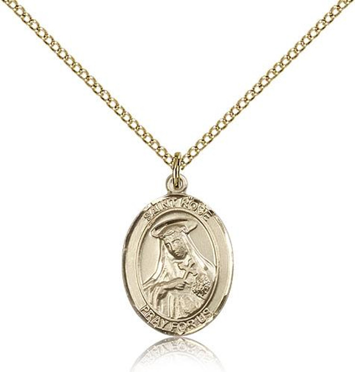 Gold Filled St. Rose of Lima Pendant, Gold Filled Lite Curb Chain, Medium Size Catholic Medal, 3/4" x 1/2"