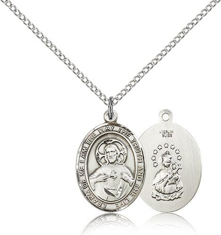 Sterling Silver Scapular Pendant, Lite Curb Chain, Medium Size Catholic Medal, 3/4" x 1/2"