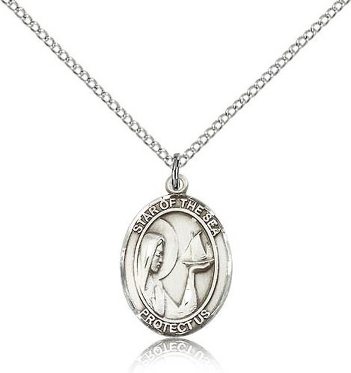 Sterling Silver Our Lady Star of the Sea Pendant, Lite Curb Chain, Medium Size Catholic Medal, 3/4" x 1/2"