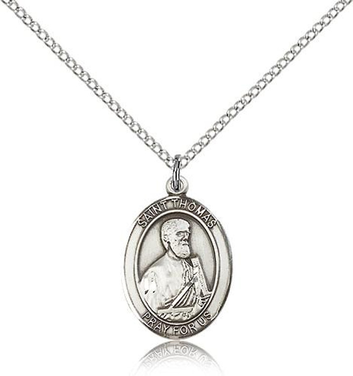 Sterling Silver St. Thomas the Apostle Pendant, Lite Curb Chain, Medium Size Catholic Medal, 3/4" x 1/2"