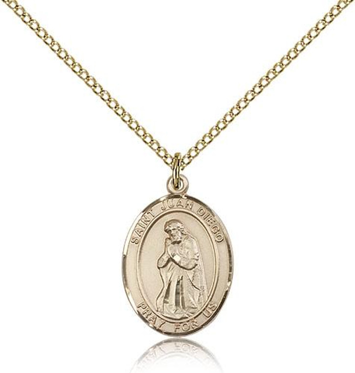 Gold Filled St. Juan Diego Pendant, Gold Filled Lite Curb Chain, Medium Size Catholic Medal, 3/4" x 1/2"