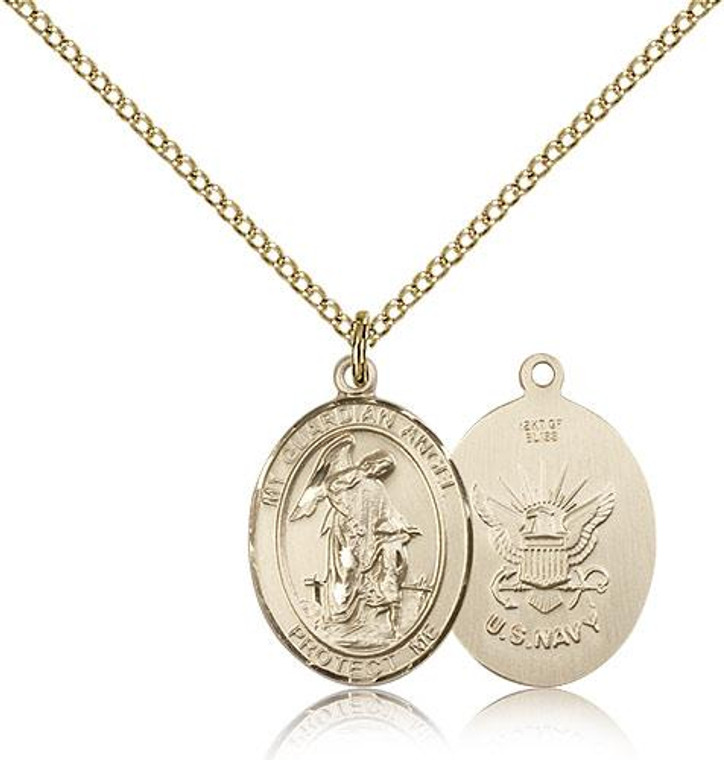 Gold Filled Guardian Angel / Navy Pendant, Gold Filled Lite Curb Chain, Medium Size Catholic Medal, 3/4" x 1/2"