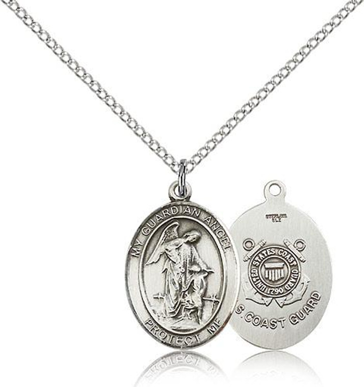 Sterling Silver Guardian Angel / Coast Guard Pendant, Sterling Silver Lite Curb Chain, Medium Size Catholic Medal, 3/4" x 1/2"