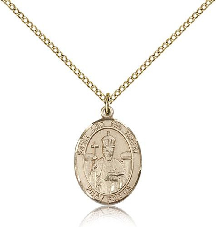 Gold Filled St. Leo the Great Pendant, Gold Filled Lite Curb Chain, Medium Size Catholic Medal, 3/4" x 1/2"