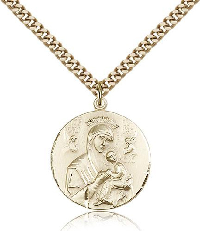 Gold Filled Our Lady of Perpetual Help Pendant, Stainless Gold Heavy Curb Chain, 7/8" x 3/4"