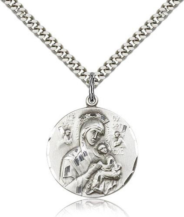 Sterling Silver Our Lady of Perpetual Help Pendant, Stainless Silver Heavy Curb Chain, 7/8" x 3/4"