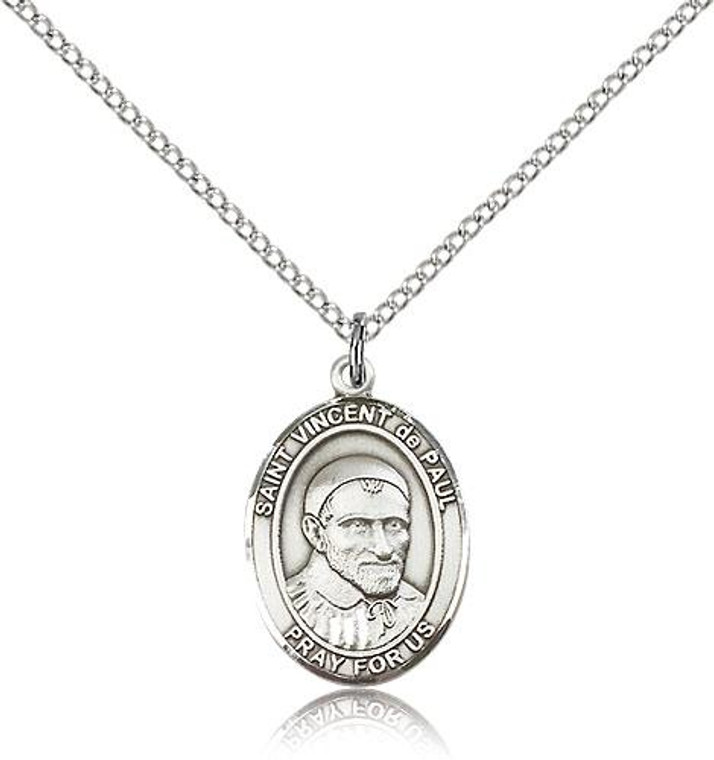 Sterling Silver St. Vincent De Paul Pendant, Lite Curb Chain, Medium Size Catholic Medal, 3/4" x 1/2"