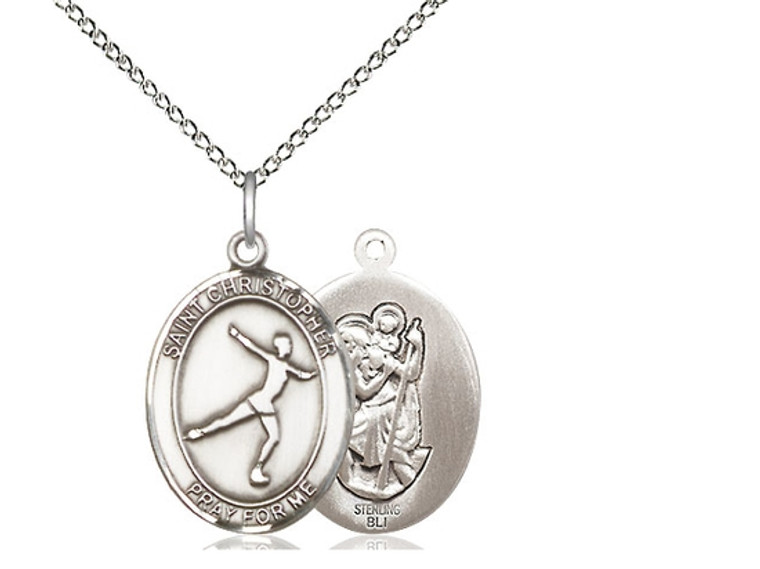 Sterling Silver St. Christopher/Figure Skating Pen, Lite Curb Chain, Medium Size Catholic Medal, 3/4" x 1/2"